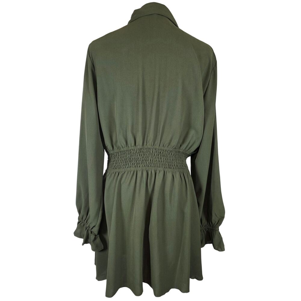 NWT XL Cupshe Button-Front Smocked Waist Long Sleeve Unlined Dress Olive Green - Picture 4 of 11